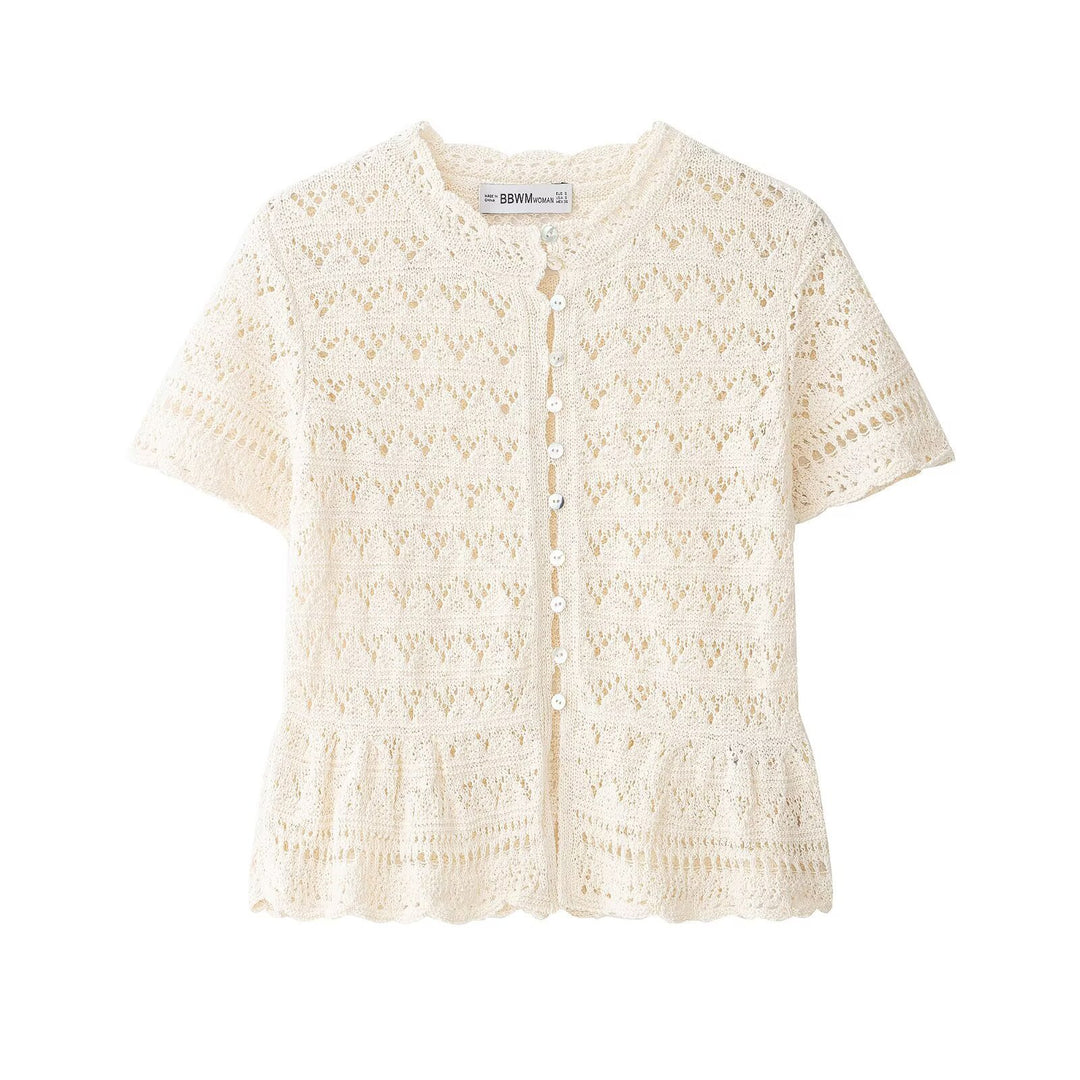 Damen feine Kurzarm-Bluse mit romantischem Spitzenmuster R&B