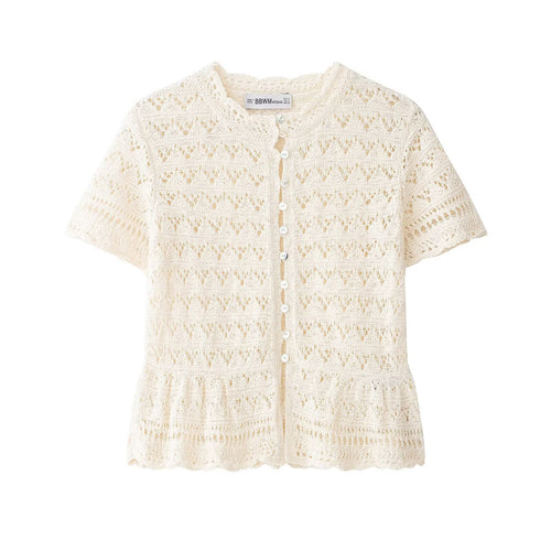 Damen feine Kurzarm-Bluse mit romantischem Spitzenmuster R&B