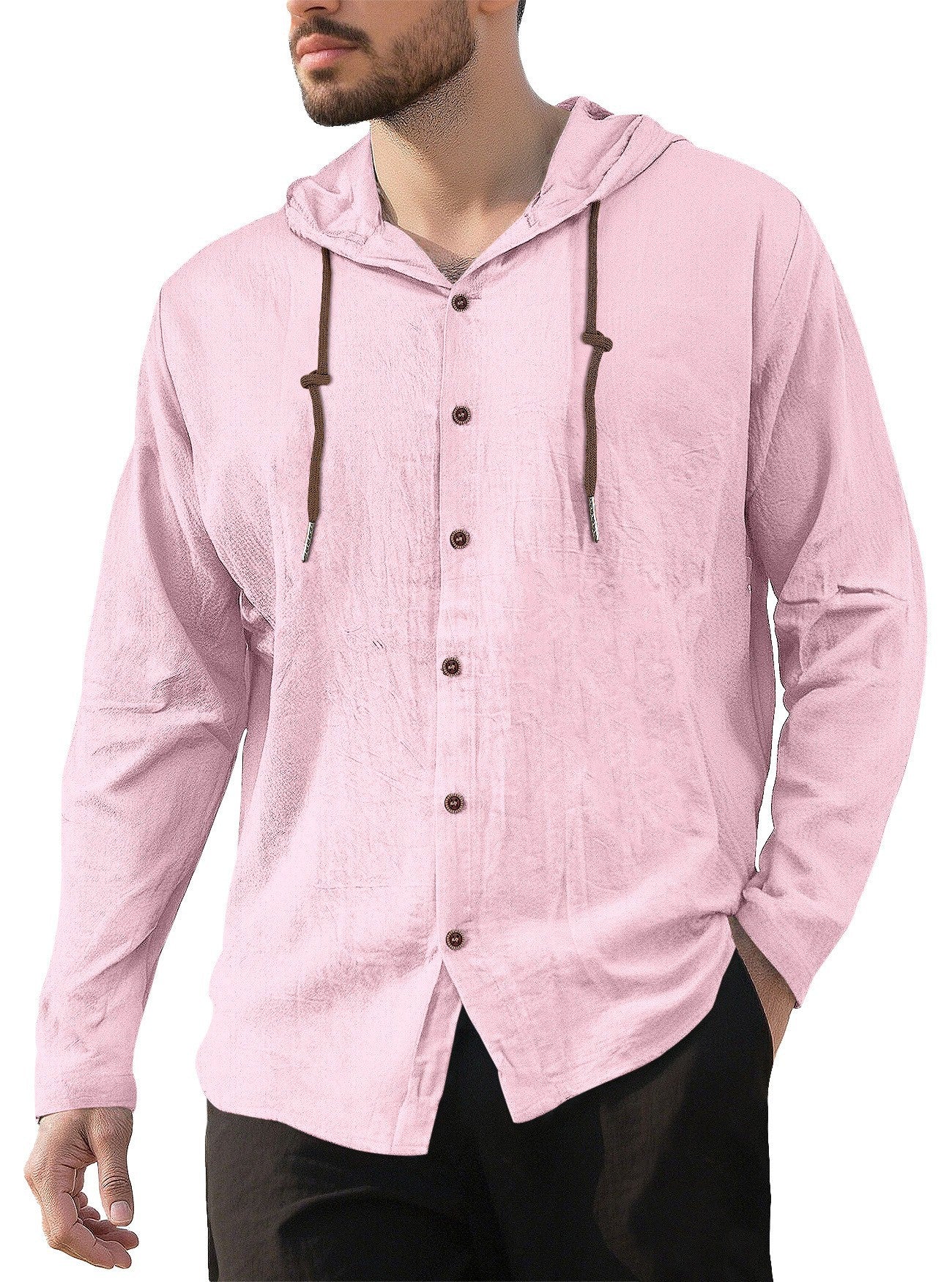 Herren nan Kapuzenhemd im Leinen-Look mit durchgehender Knopfleiste und Kordelzug R&B