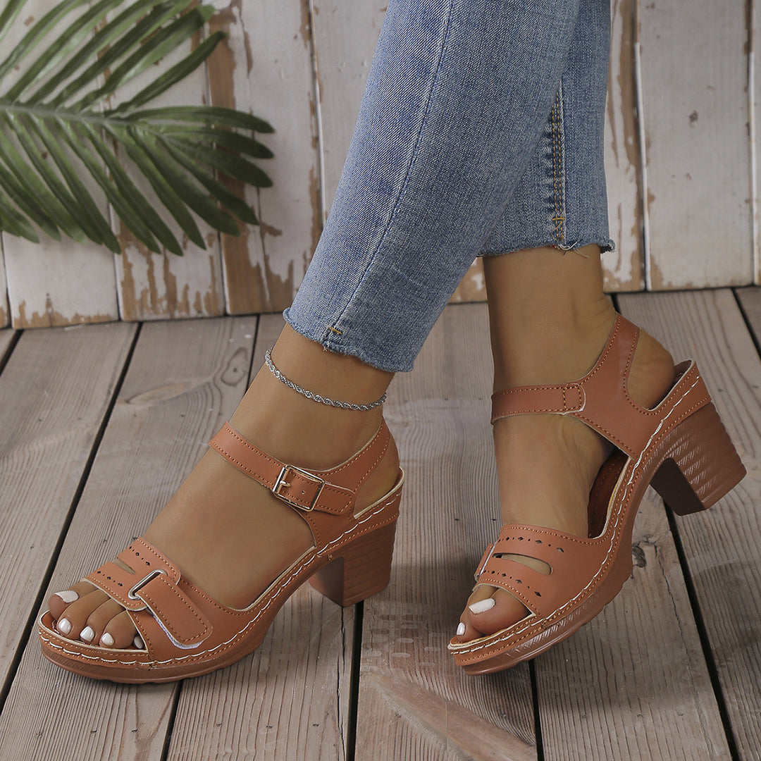 Damen modische Sandaletten mit eleganter Schnalle und Holz-Blockabsatz R&B