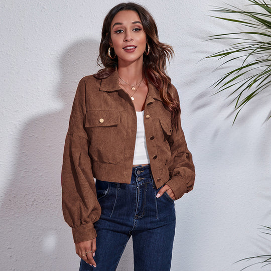 Damen Kurzjacke aus Materialmix mit lässigen Puffärmeln und großen Taschen R&B