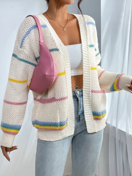 Damen gemütlicher Strickcardigan mit bunten Streifen R&B