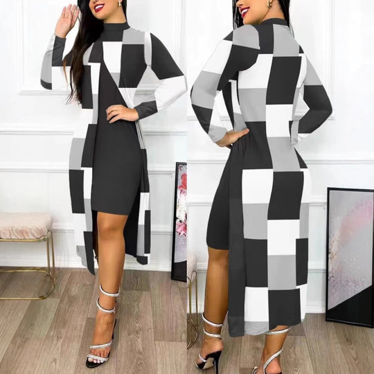 Damen elegantes Maxikleid mit asymmetrischem Schnitt und Grafischem Muster R&B