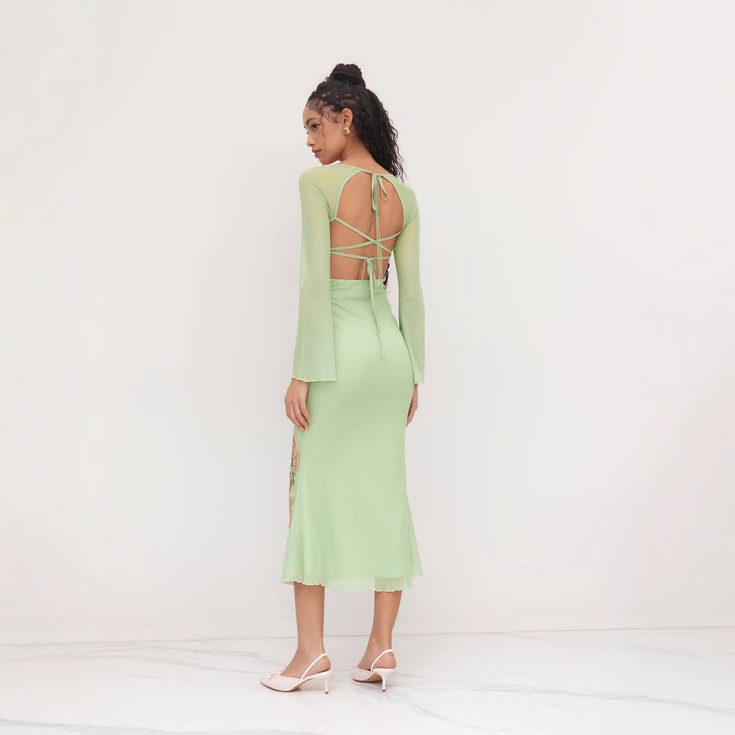 Damen elegantes Midikleid mit floralem Design und transparenten Longsleeves R&B