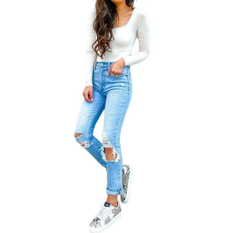 Damen Hochtaillierte Skinny Jeans mit modischen Rissen R&B
