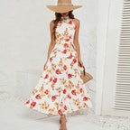 Damen Maxikleid mit hochgeschlossenem Design und floralem Gürtel R&B