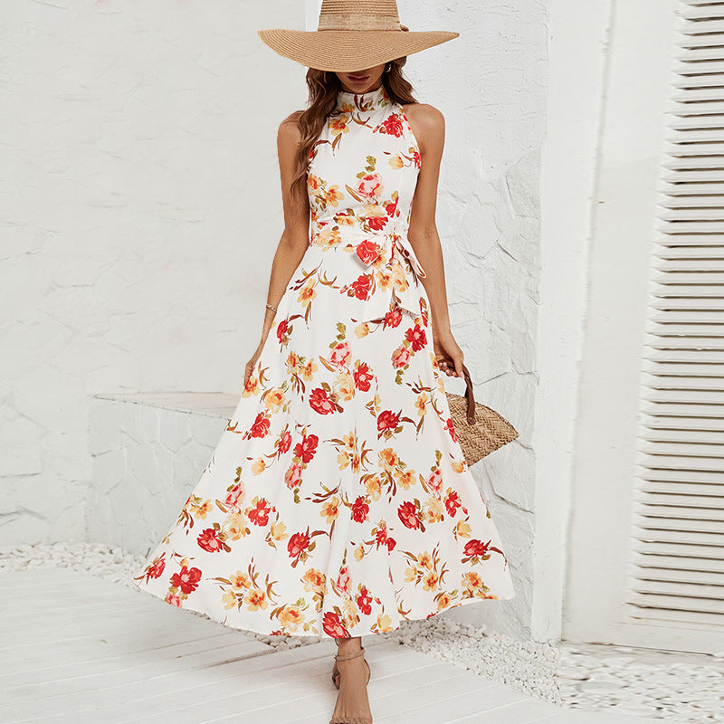Damen Maxikleid mit hochgeschlossenem Design und floralem Gürtel R&B