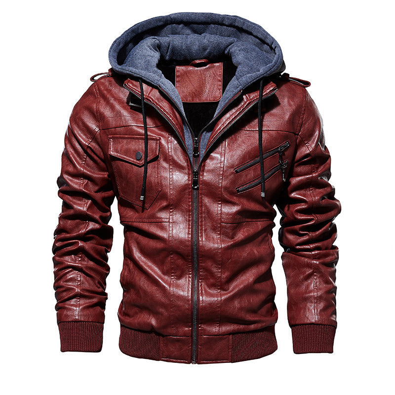 Herren lässige Kunstlederjacke mit abnehmbarer Kapuze und zahlreichen Taschen R&B