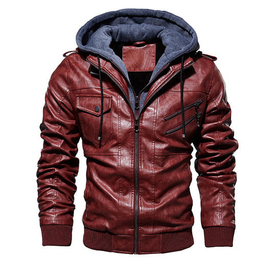 Herren lässige Kunstlederjacke mit abnehmbarer Kapuze und zahlreichen Taschen R&B