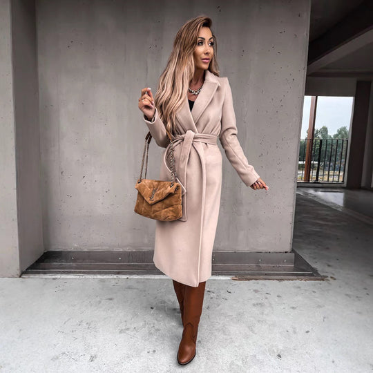Damen eleganter langärmeliger Wollmantel mit Taillengürtel R&B