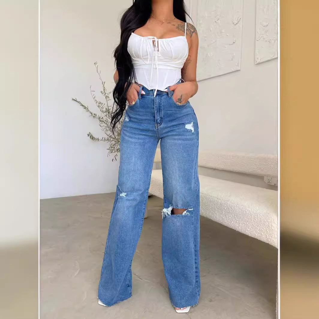 Damen Weit geschnittene Jeans mit distressed Details und hohem Bund R&B