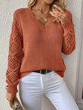 Damen Eleganter Strickpullover mit V-Ausschnitt und gehäkelten Ärmeln R&B