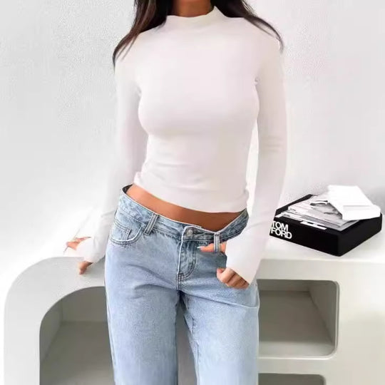 Damen Langarm-Shirt mit hochgeschlossenem Design und feiner Ripp-Textur R&B