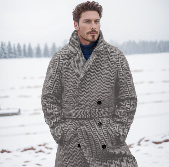 Herren Eleganter Wollmantel im klassischen Hahnentrittmuster mit Gürtel R&B