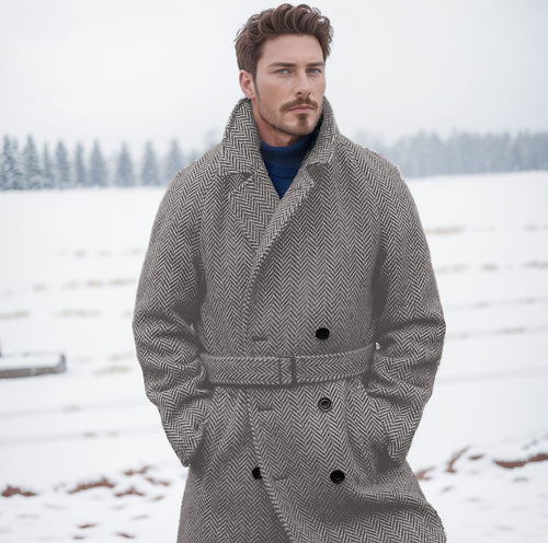 Herren Eleganter Wollmantel im klassischen Hahnentrittmuster mit Gürtel R&B
