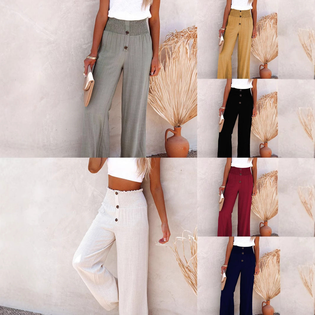 Damen Weitgeschnittene High-Waist Hose mit dekorativem Knopfdetail und elastischem Bund