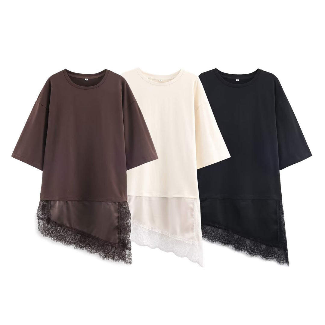 Damen asymmetrisches T-Shirt mit Spitzenbesatz R&B