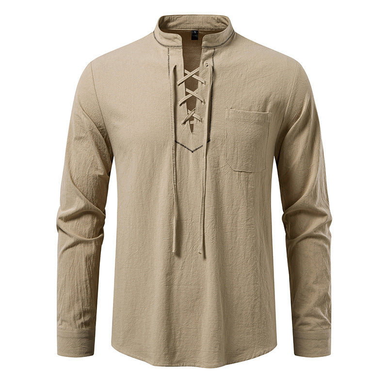 Herren Langarmshirt mit hochwertigem Stehkragen und dekorativer Schnürung R&B