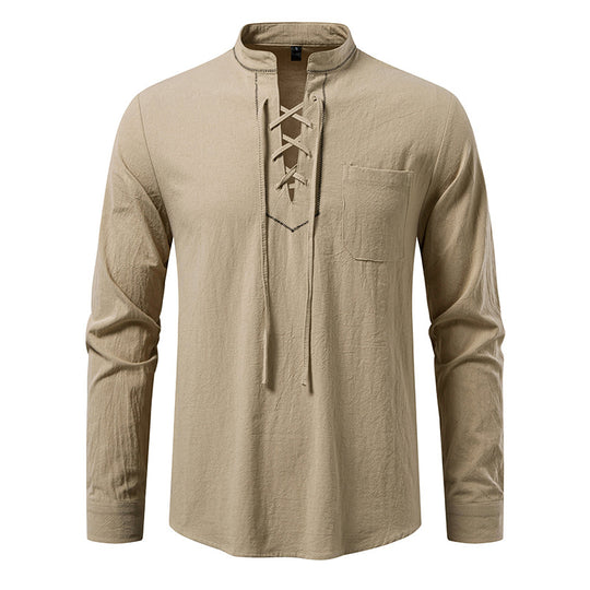 Herren Langarmshirt mit hochwertigem Stehkragen und dekorativer Schnürung R&B