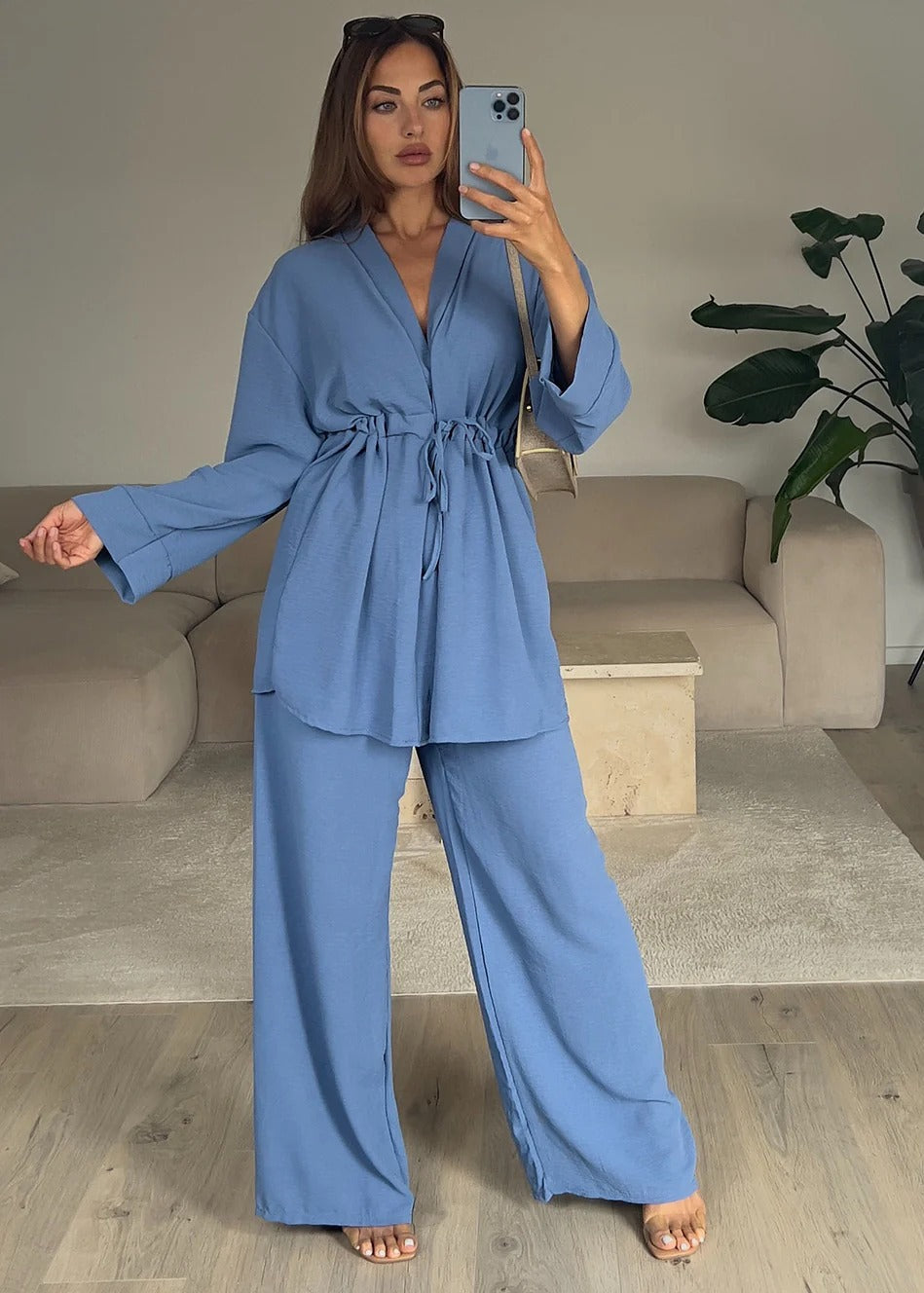 Damen Kimono-Style Lounge-Hose mit Wickeloberteil R&B
