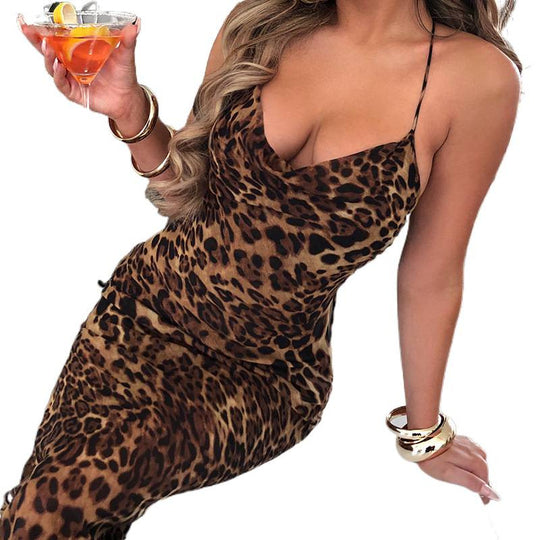 Damen Maxikleid im verführerischen Leopardenmuster mit schmalen Spaghetti-Trägern R&B