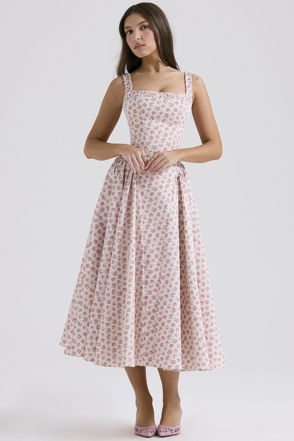 Damen Midi-Kleid mit floralem Muster und angeschnittenem Rock R&B