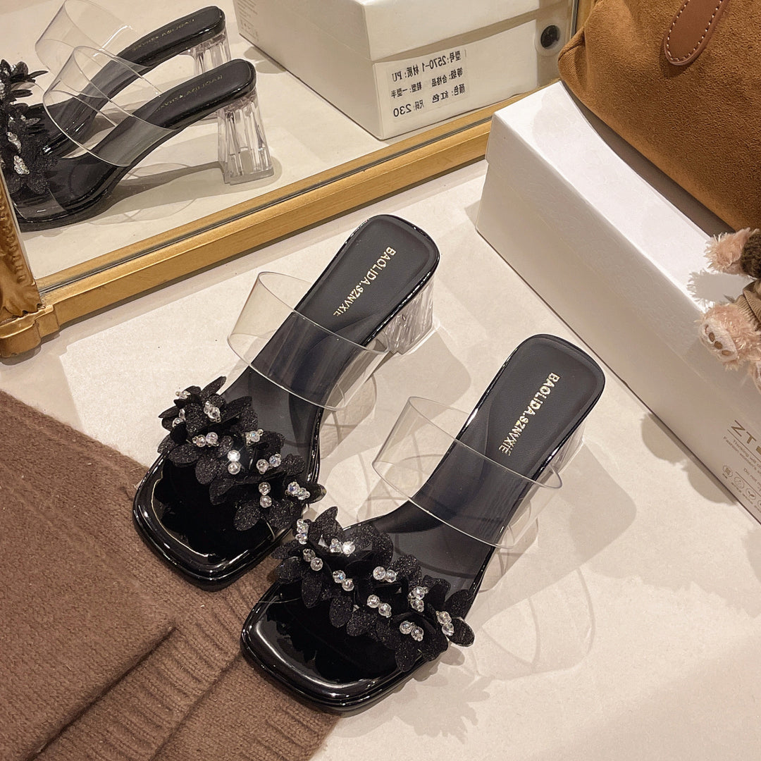 Damen elegante Blockabsatzschuhe mit transparenten Riemen und funkelnden Applikationen R&B