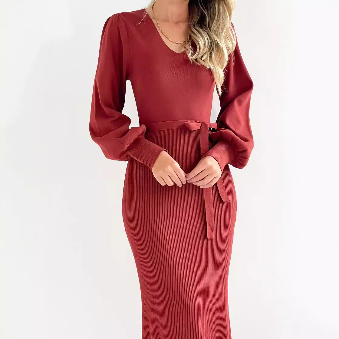 Damen elegantes Strickkleid mit Puffärmeln R&B