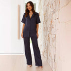Damen Elegantes Satin-Pyjama-Set mit klassischem Kragen und bequemen weit geschnittenen Hosen R&B
