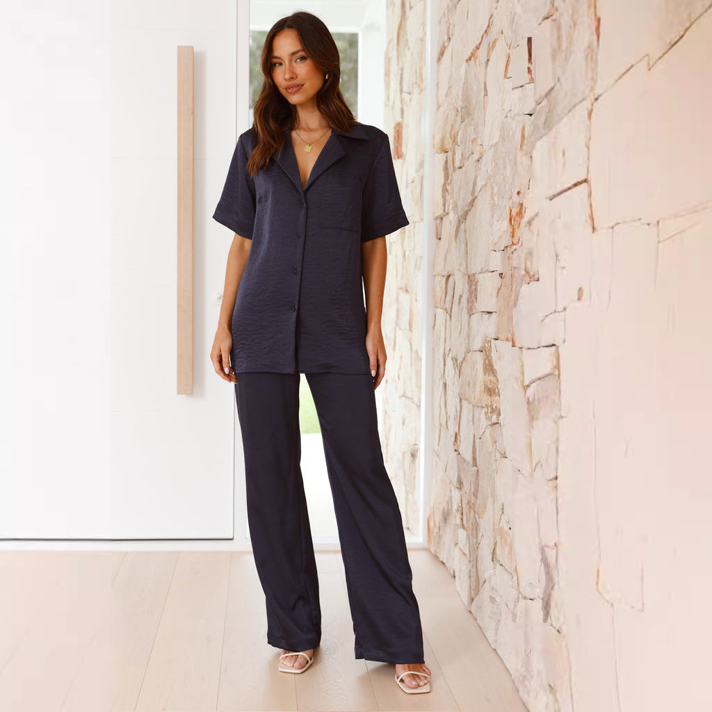Damen Elegantes Satin-Pyjama-Set mit klassischem Kragen und bequemen weit geschnittenen Hosen R&B