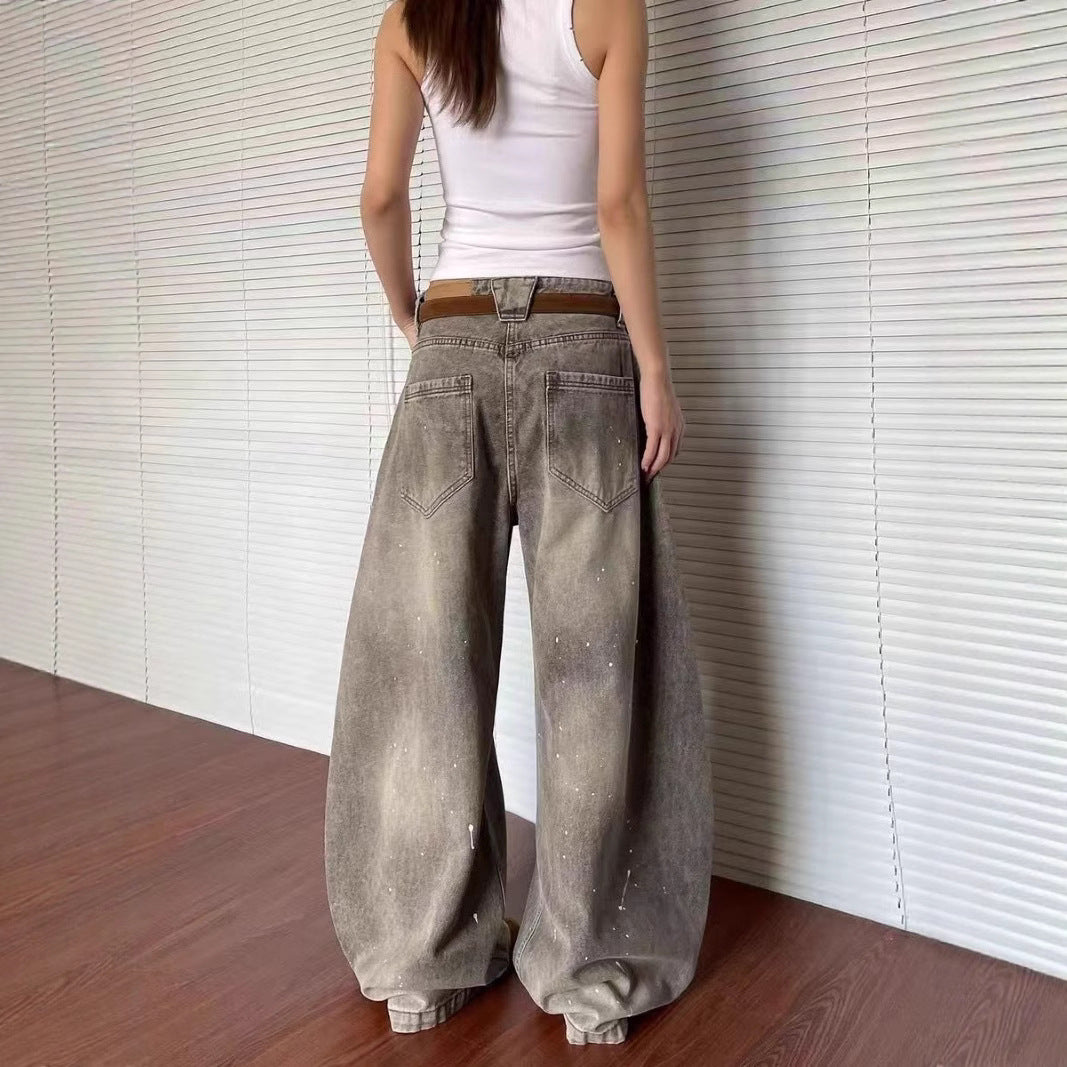 Damen weite Jeanshose im Vintage-Stil mit lässigem Schnitt und kreativen Farbdetails R&B