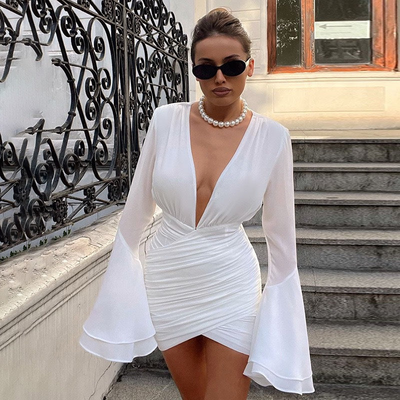 Damen Sexy Wickelkleid mit tiefem V-Ausschnitt und eleganten Glockenärmeln R&B