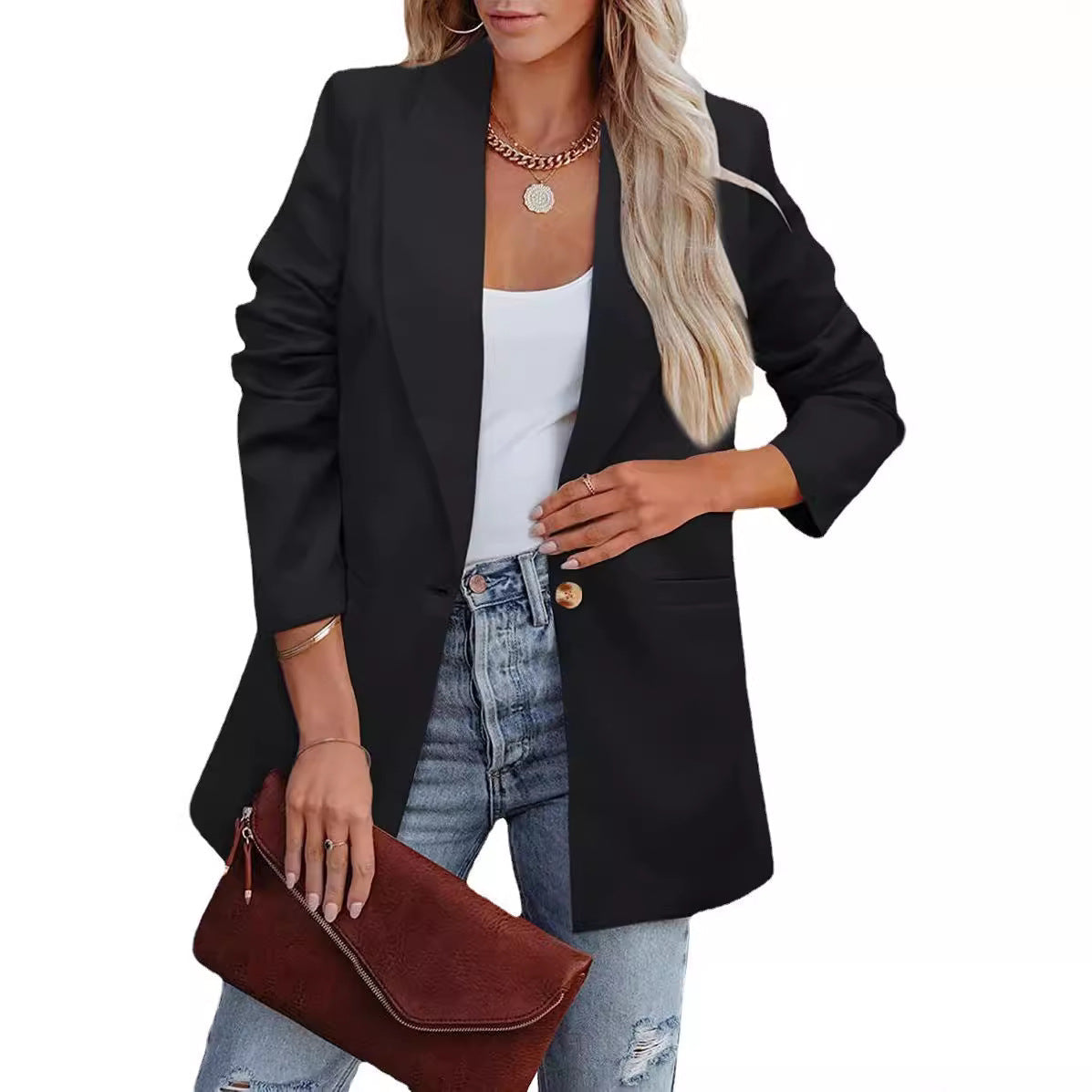 Damen Eleganter Freizeitblazer mit Lässigem Schnitt und Zwei Taschen R&B