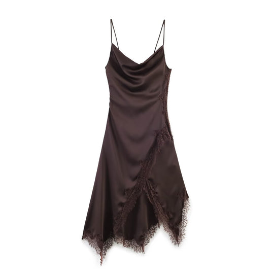 Damen edles Spaghetti-Trägerkleid mit zarter Spitze und fließendem Satin R&B