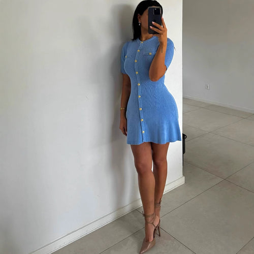 Damen Strickkleid mit kurzen Ärmeln und Knopfleiste R&B