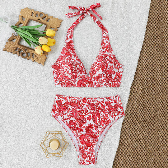 Damen Hochtailliertes Bikini-Set mit floralem Design und verspieltem Halteroberteil R&B