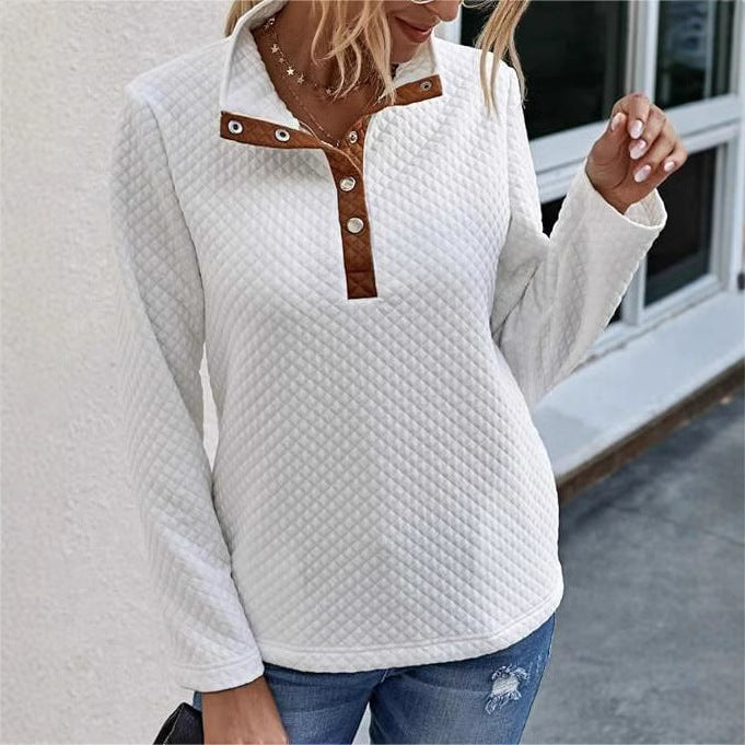 Damen Stepp-Pullover mit kontrastierendem Kragen und Knopfdetail R&B