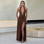Damen Elegantes Maxikleid mit tiefem V-Ausschnitt und dekorativen Rüschendetails R&B