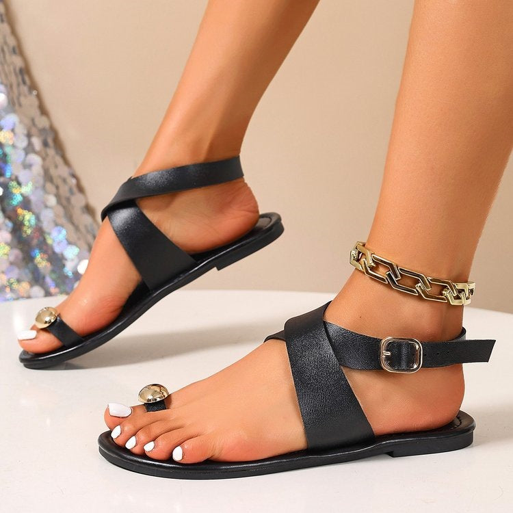 Damen elegante Flach-Sandalen mit flexiblen Riemen und modischem Akzent R&B