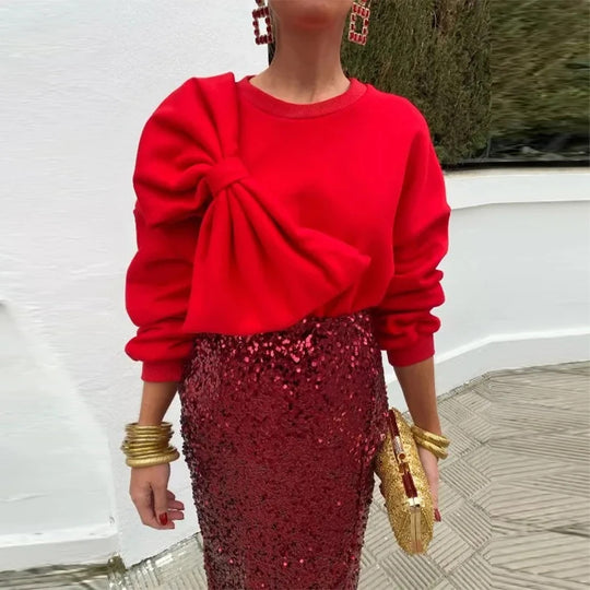 Damen Modischer Sweatshirt mit dekorativem Schleifen-Detail R&B