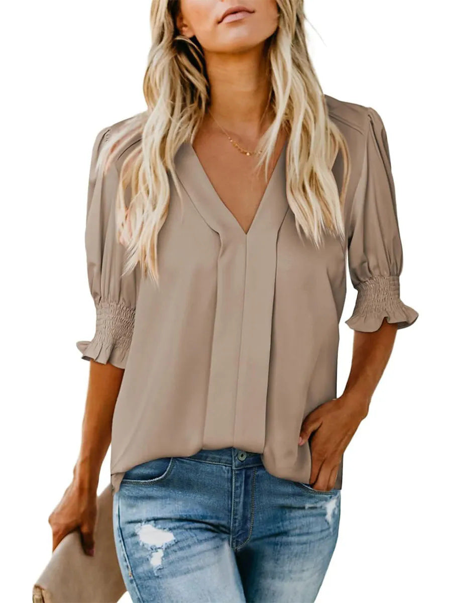 Damen elegantes V-Ausschnitt Bluse mit Rüschenärmeln und dekorativen Falten R&B