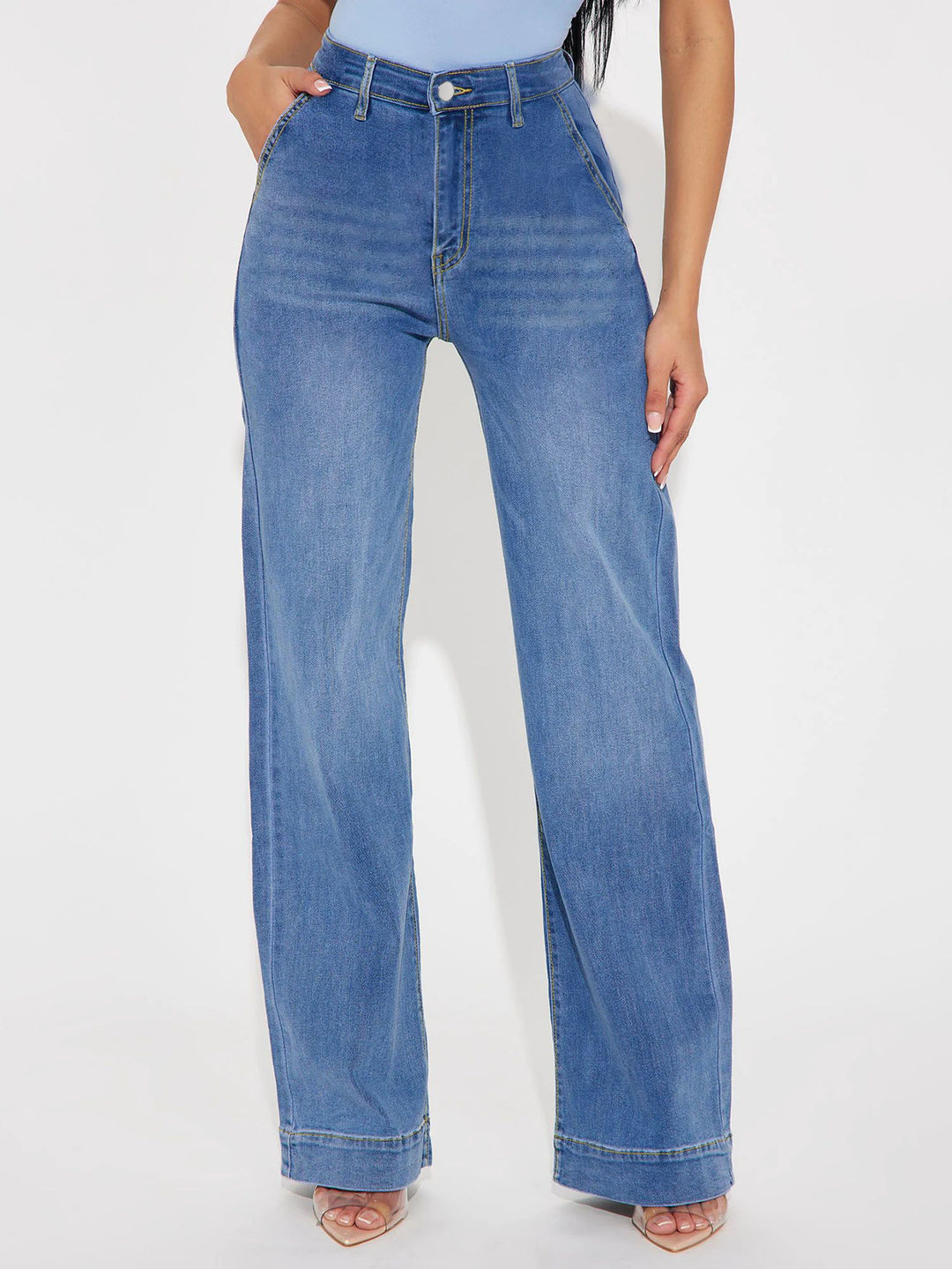 Damen Weite Denim-Hose mit hoch geschnittenem Bund und lässigem Schnitt R&B