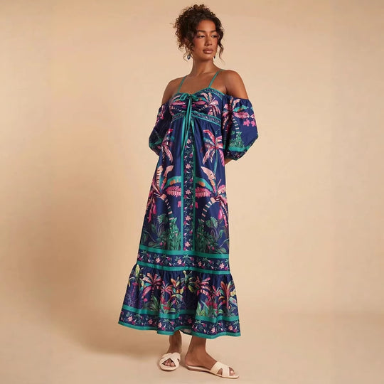 Damen Maxikleid mit schulterfreiem Design und tropischem Druck R&B