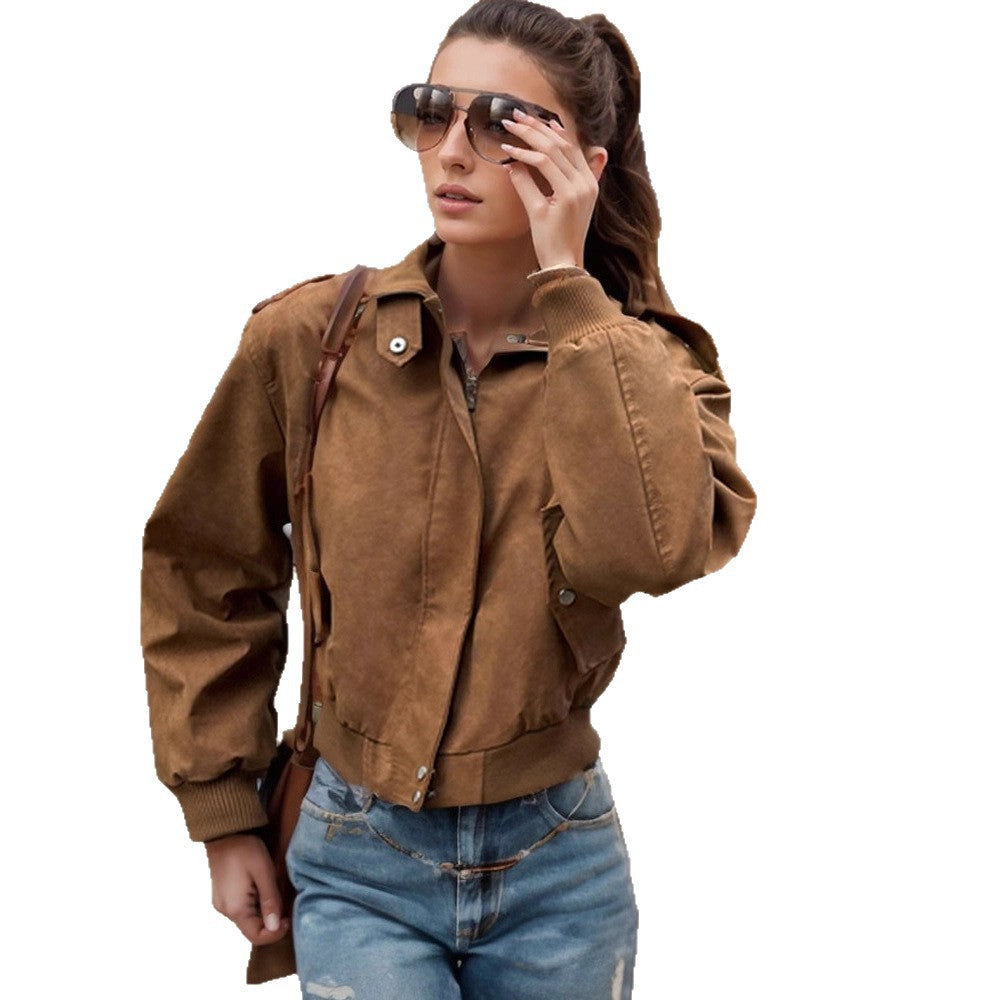 Damen lässige Kurzjacke mit voluminösen Ärmeln und Reißverschluss R&B