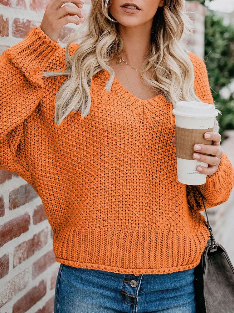 Damen lässiger V-Ausschnitt Pullover mit lockerem Schnitt und strukturiertem Strick R&B