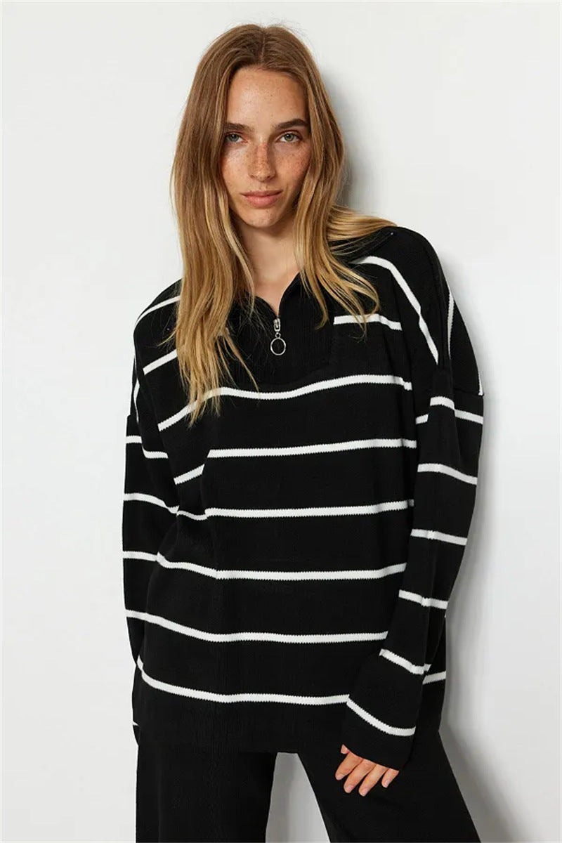 Damen lässiger Strickpullover mit halbem Reißverschluss und weitem Schnitt R&B