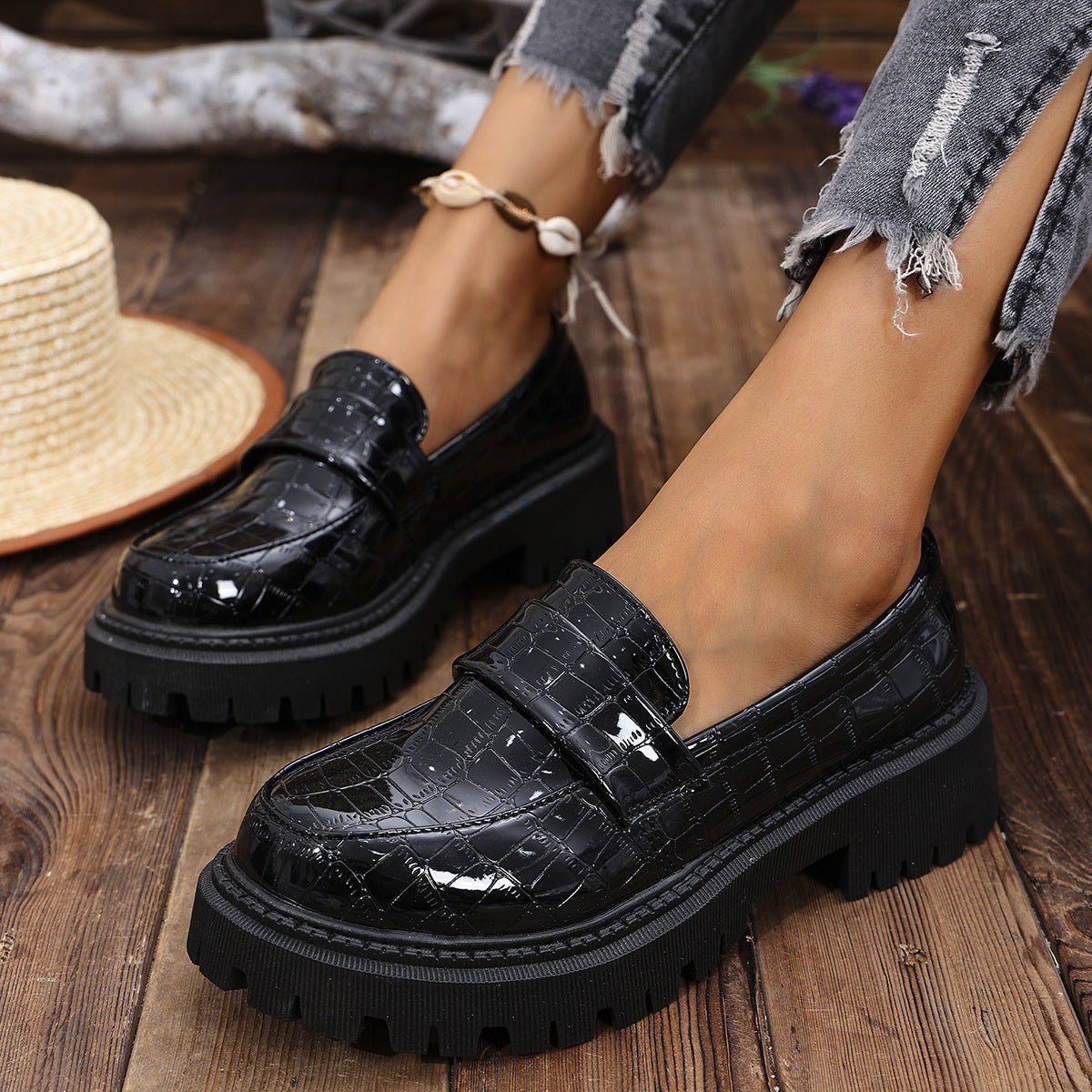 Damen Mokassins mit modernem Kroko-Design und robustem Profil R&B
