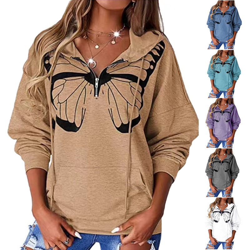 Damen lässiger Kapuzenpullover mit Schmetterlingsdruck und Halber Reißverschluss R&B