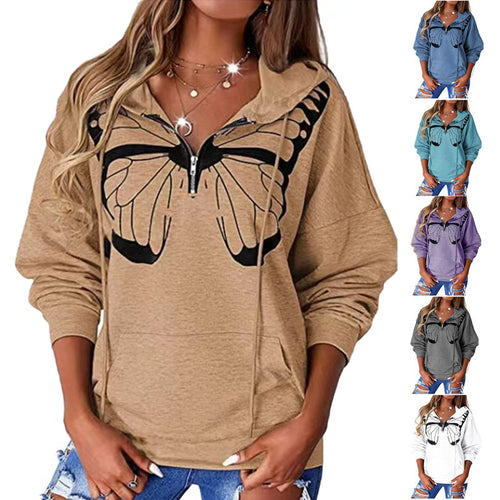 Damen lässiger Kapuzenpullover mit Schmetterlingsdruck und Halber Reißverschluss R&B