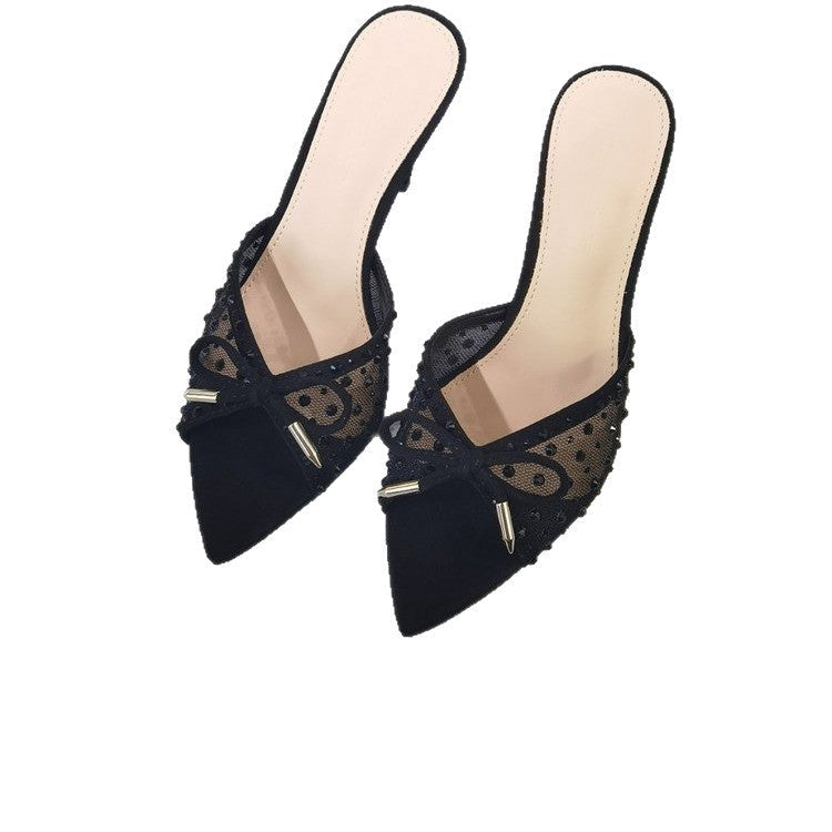 Damen elegante Mules mit zierlicher Schleifenverzierung und funkelnden Akzenten R&B
